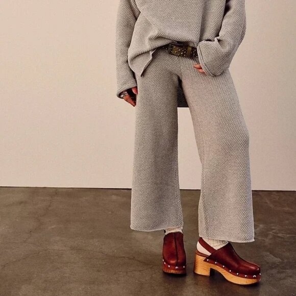 Free People Beach Hailee Knit High Rise Cropped Wide Leg Pants Light Gray Size L - Picture 1 of 15